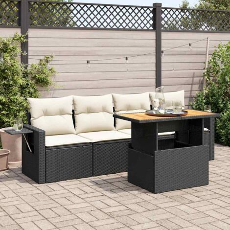 Ensemble Salon Jardin 5 Places Noir Résine Tressée avec Coussins Crème, Table Modulable et Rangement Intégré