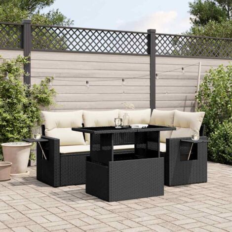 Ensemble Salon Jardin 5 Places Noir Résine Tressée avec Coussins Crème - Table Réglable Hauteur et Accoudoirs Tables d'Appoint