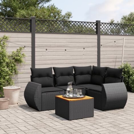 Ensemble Salon Jardin 5 Places Noir Résine Tressée avec Coussins et Table Acacia Modulable
