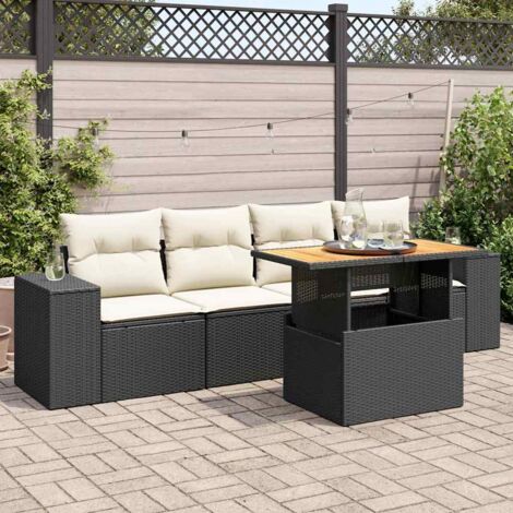 Ensemble Salon Jardin 5 Places Noir Résine Tressée avec Table Acacia Modulable et Coussins Crème