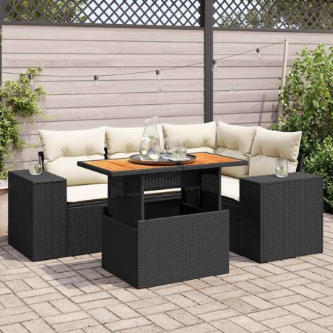 Ensemble Salon Jardin 5 Places Noir Résine Tressée avec Table Modulable et Coussins Crème - Stockage Intégré