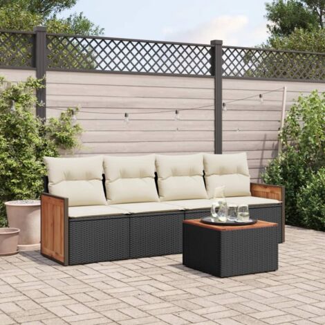 Ensemble Salon Jardin 5 Places Noir Résine Tressée - Canapés avec Accoudoirs, Table Acacia et Coussins Blanc Crème - Meuble Extérieur Modulaire
