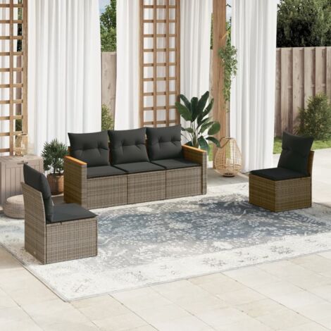 Ensemble Salon Jardin 5 Places Résine Tressée Gris avec Coussins Amovibles, Table Basse et Housse de Protection Incluse