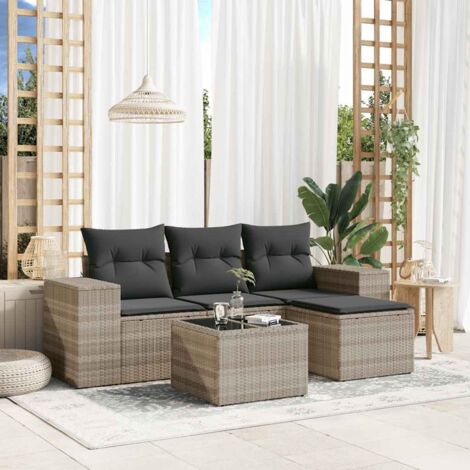 Ensemble salon jardin 5 places résine tressée gris clair avec table verre et coussins lavables, modulable