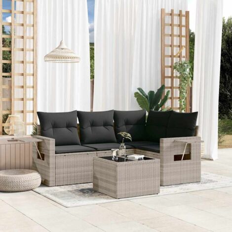 Ensemble Salon Jardin 5 Places Résine Tressée Gris Clair avec Table Verre Trempé et Coussins