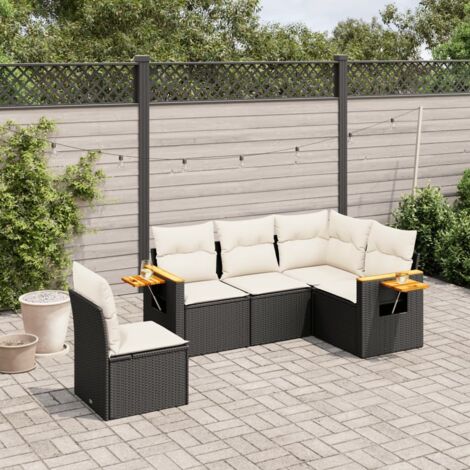 Ensemble Salon Jardin 5 Places Résine Tressée Noir avec Coussins Crème - Canapé d'Angle Modulaire