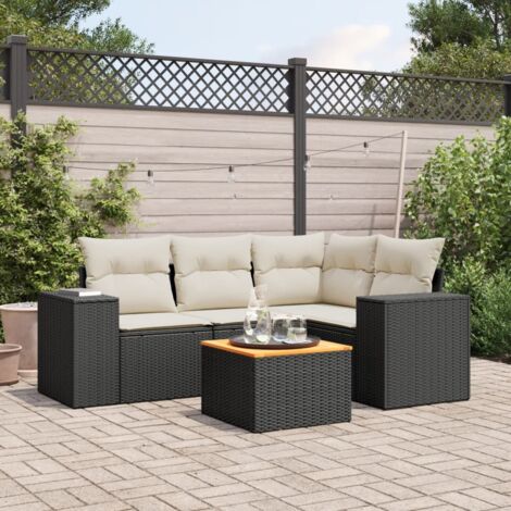 Ensemble Salon Jardin 5 Places Résine Tressée Noir avec Coussins Crème - Table Acacia - Modulable Extérieur