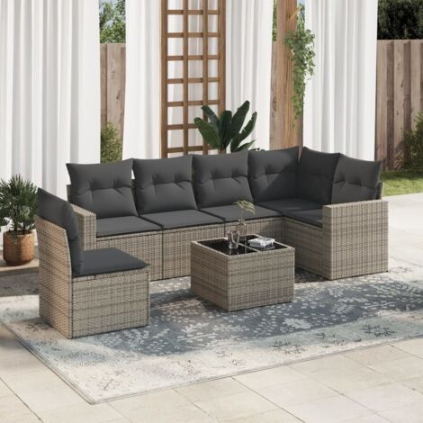 Ensemble Salon Jardin 6 Pièces Gris Résine Tressée + 6 Coussins Housses Lavables
