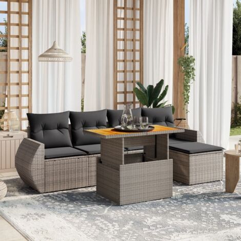 Ensemble Salon Jardin 6 Pièces Gris Résine Tressée avec Coussins et Table Réglable en Bois d'Acacia  Confortable et Modulaire pour Extérieur