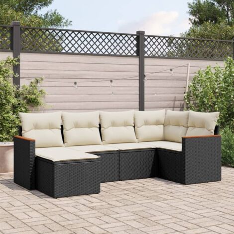 [Ensemble Salon Jardin] 6 Pièces Noir Résine Tressée avec Coussins Crème - Meuble Extérieur Modulaire Acier Powder Coated