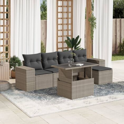 Ensemble Salon Jardin 6 Pièces Résine Tressée avec Coussins Gris Clair