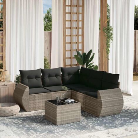 Ensemble Salon Jardin 6 Pièces Résine Tressée Gris Clair avec Coussins et Table en Verre