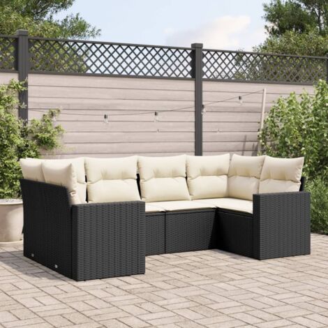 [Ensemble Salon Jardin] 6 Pièces Résine Tressée Noir avec Coussins Crème - Modulaire