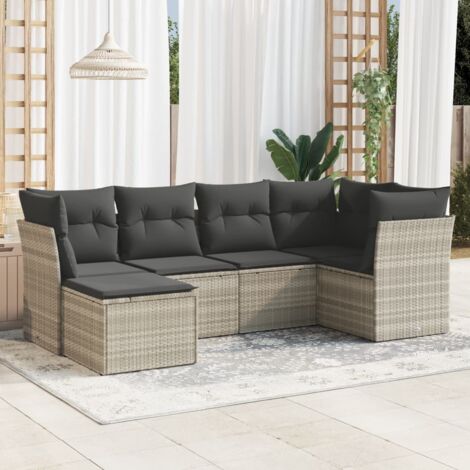 Ensemble Salon Jardin 6 Places Gris Clair - Canapés Résine Tressée avec Coussins, Tabouret et Structure Modulaire Durable pour Terrasse & Extérieur