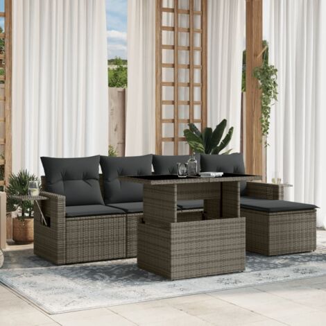 Ensemble Salon Jardin 6 Places Gris Résine Tressée avec Coussins, Table Modulable, 2 Fauteuils et 2 Canapés