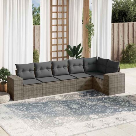 Ensemble Salon Jardin 6 Places Gris - Résine Tressée, Coussins Housse Amovible, Verre Trempé, Modulaire