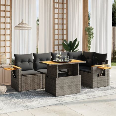 Ensemble Salon Jardin 6 Places Gris Résine Tressée Modulable avec Coussins Amovibles et Table Réglable - Complet avec Mobilier d'Extérieur Durable