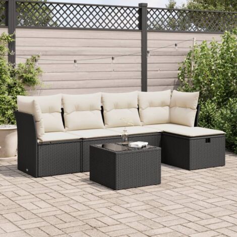 Ensemble Salon Jardin 6 Places Noir Résine Tressée avec Coussins Crème - 2 Sièges Angle + 2 Centraux + Table + Pouf - Stockage Intégré