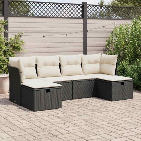 Ensemble Salon Jardin 6 Places Noir Résine Tressée avec Coussins Crème - 2 Sièges d'Angle, 2 Centraux et 2 Poufs Rangement