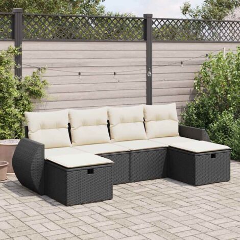 Ensemble Salon Jardin 6 Places Noir Résine Tressée avec Coussins Crème - Canapé, Pouf et Sièges Modulables