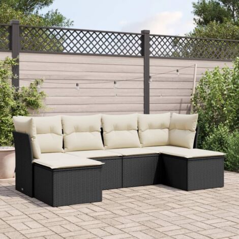 Ensemble Salon Jardin 6 Places Noir Résine Tressée avec Coussins Crème - Meuble Extérieur Modulaire avec Rangement