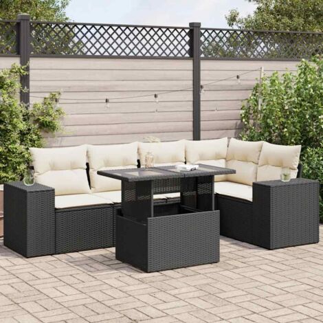 Ensemble Salon Jardin 6 Places Noir Résine Tressée avec Coussins Crème - Table Modulable Réglable et Sièges de Rangement