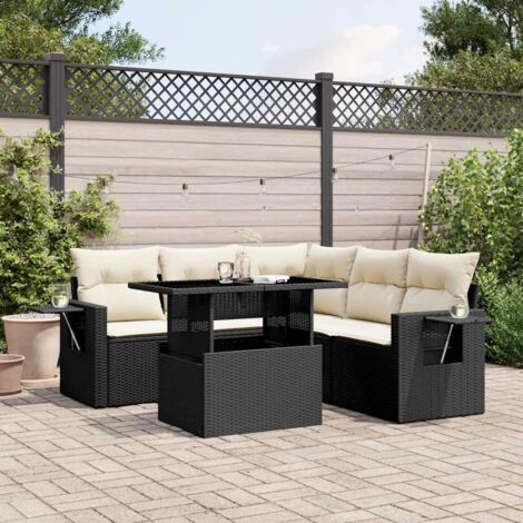Ensemble Salon Jardin 6 Places Noir Résine Tressée avec Coussins Crème - Table Réglable Hauteur et Accoudoirs Tables d'Appoint