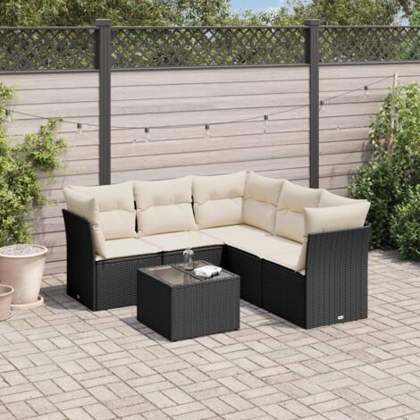 Ensemble salon jardin 6 places noir résine tressée avec coussins crème - Table verre trempé, meuble extérieur modulaire
