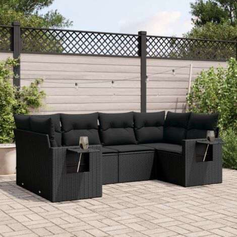 Ensemble salon jardin 6 places noir résine tressée avec coussins déhoussables - Canapés modulables terrasse avec tablettes intégrées