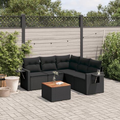 Ensemble salon jardin 6 places noir résine tressée avec coussins et table acacia - Meuble extérieur modulaire rangement intégré