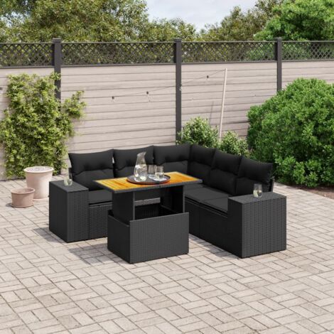 Ensemble Salon Jardin 6 Places Noir Résine Tressée avec Coussins et Table Réglable