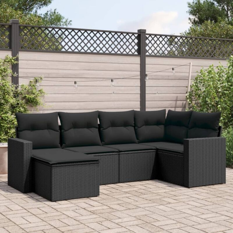 Ensemble salon jardin 6 places noir résine tressée avec coussins - Meubles extérieur modulables rangement intégré