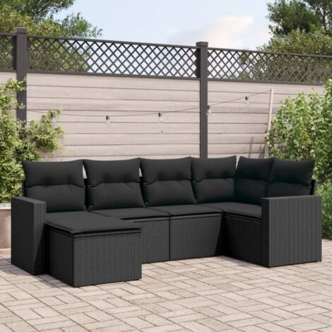 Ensemble salon jardin 6 places noir résine tressée avec coussins - Meubles extérieur modulables rangement intégré