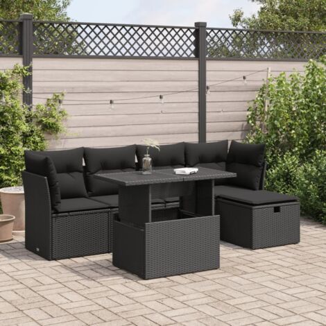 Ensemble Salon Jardin 6 Places Noir Résine Tressée avec Coussins, Table Modulable et Espaces Rangement