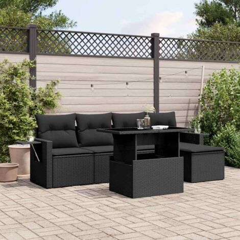 Ensemble Salon Jardin 6 Places Noir Résine Tressée avec Coussins - Table Réglable et Mobilier Modulaire Extérieur
