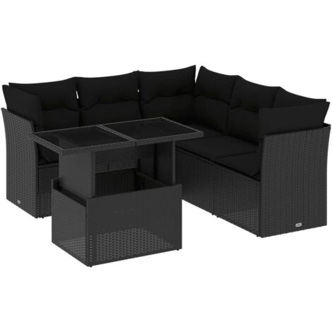 Ensemble Salon Jardin 6 Places Noir Résine Tressée avec Coussins - Table Réglable Hauteur - Mobilier Extérieur Modulaire
