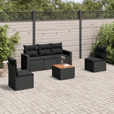 Ensemble Salon Jardin 6 Places Noir Résine Tressée avec Table Acacia et Coussins Confortables