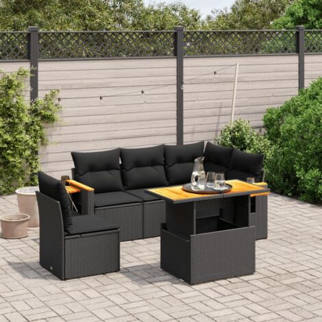 Ensemble salon jardin 6 places noir résine tressée avec table extensible et coussins lavables