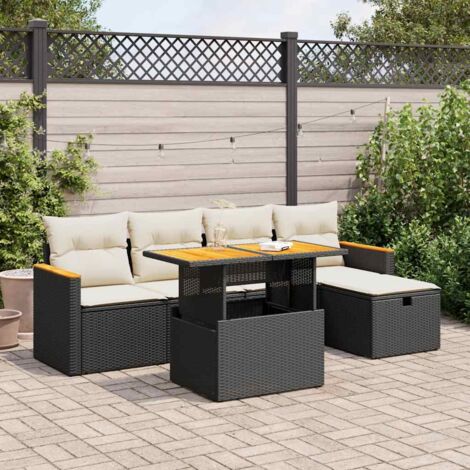 Ensemble salon jardin 6 places noir résine tressée avec table extensible et rangements - 2 canapés d'angle, 2 canapés accoudoirs, 1 table, 1 pouf