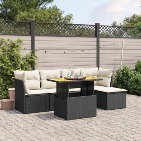 Ensemble Salon Jardin 6 Places Noir Résine Tressée avec Table Modulable et Coussins Crème