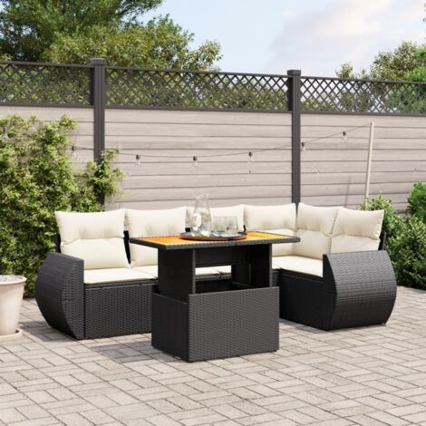 Ensemble Salon Jardin 6 Places Noir Résine Tressée avec Table Modulable et Coussins Détachables