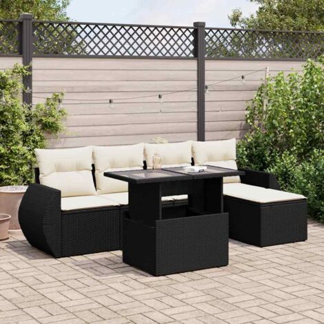 Ensemble Salon Jardin 6 Places Noir Résine Tressée avec Table Réglable et Coussins Crème - 2 Canapés, 2 Sièges, 1 Pouf, Stockage Intégré