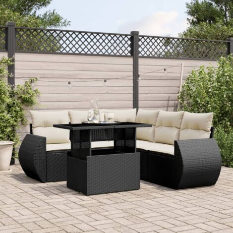 Ensemble Salon Jardin 6 Places Noir Résine Tressée avec Table Réglable et Coussins Crème - Meuble Extérieur Modulaire