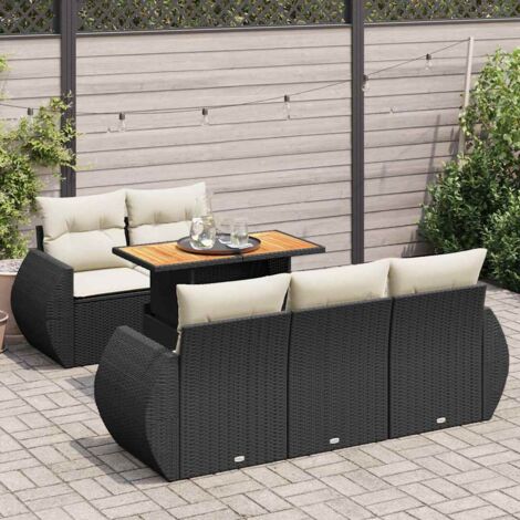 Ensemble Salon Jardin 6 Places Noir Résine Tressée avec Table Réglable et Coussins Crème - Mobilier Extérieur Modulaire avec Rangement