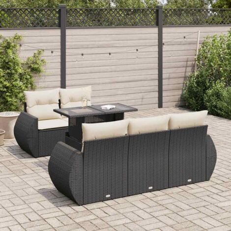 Ensemble Salon Jardin 6 Places Noir Résine Tressée avec Table Réglable et Coussins Crème - Stockage Intégré