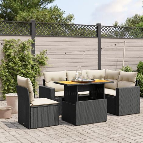 Ensemble Salon Jardin 6 Places Noir Résine Tressée avec Table Réglable et Coussins Détachables