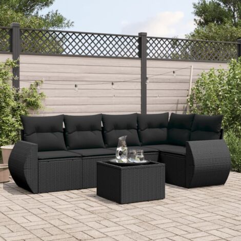 Ensemble Salon Jardin 6 Places Noir Résine Tressée avec Table Verre Trempé et Coussins Détachables