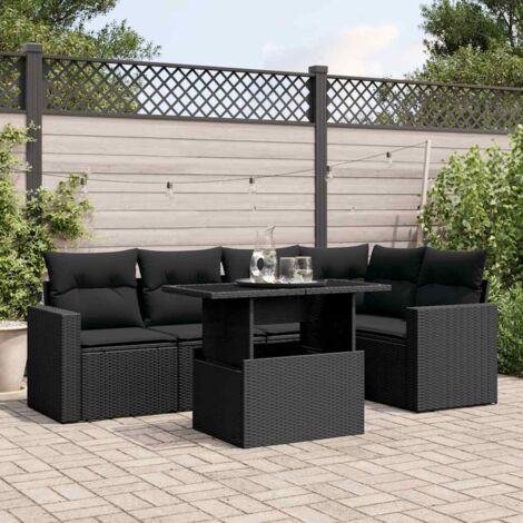 Ensemble Salon Jardin 6 Places Noir Résine Tressée - Canapé d'Angle Modulable avec Table Réglable et Coussins Confort