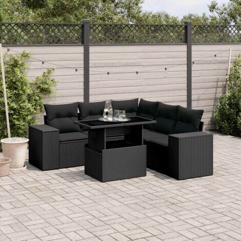 Ensemble Salon Jardin 6 Places Noir Résine Tressée - Canapé d'Angle Modulable avec Table Réglable et Coussins Lavables