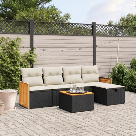 Ensemble Salon Jardin 6 Places Noir Résine Tressée - Table Acacia, Coussins Lavables - Mobilier Extérieur Modulaire